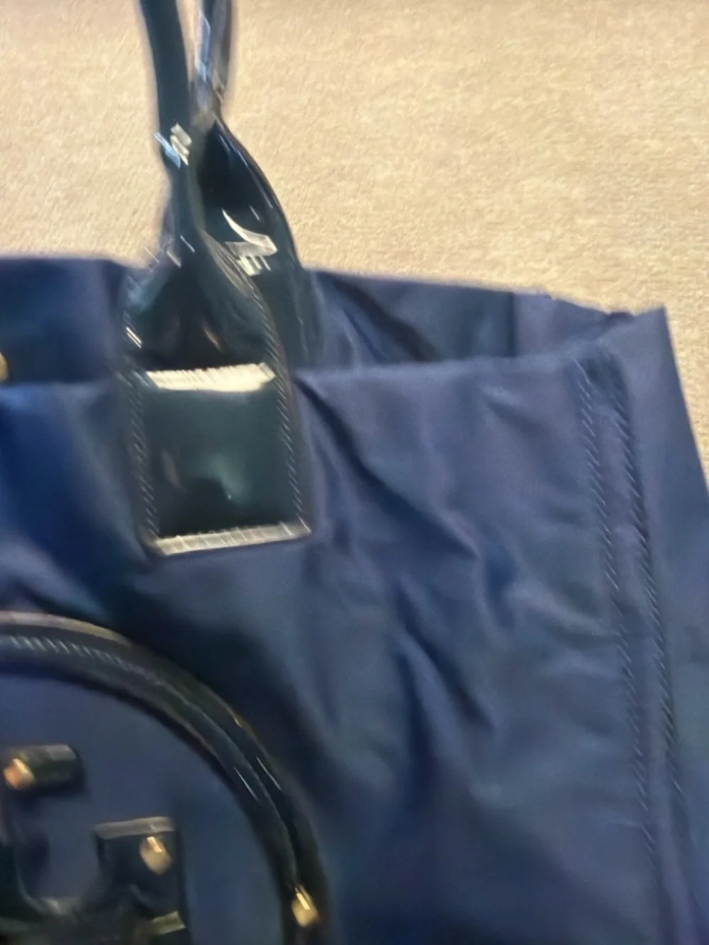 Tory Burch Nylon Tote Navy Blue Reva Logo Patent Leather Trim Shoulder Bag